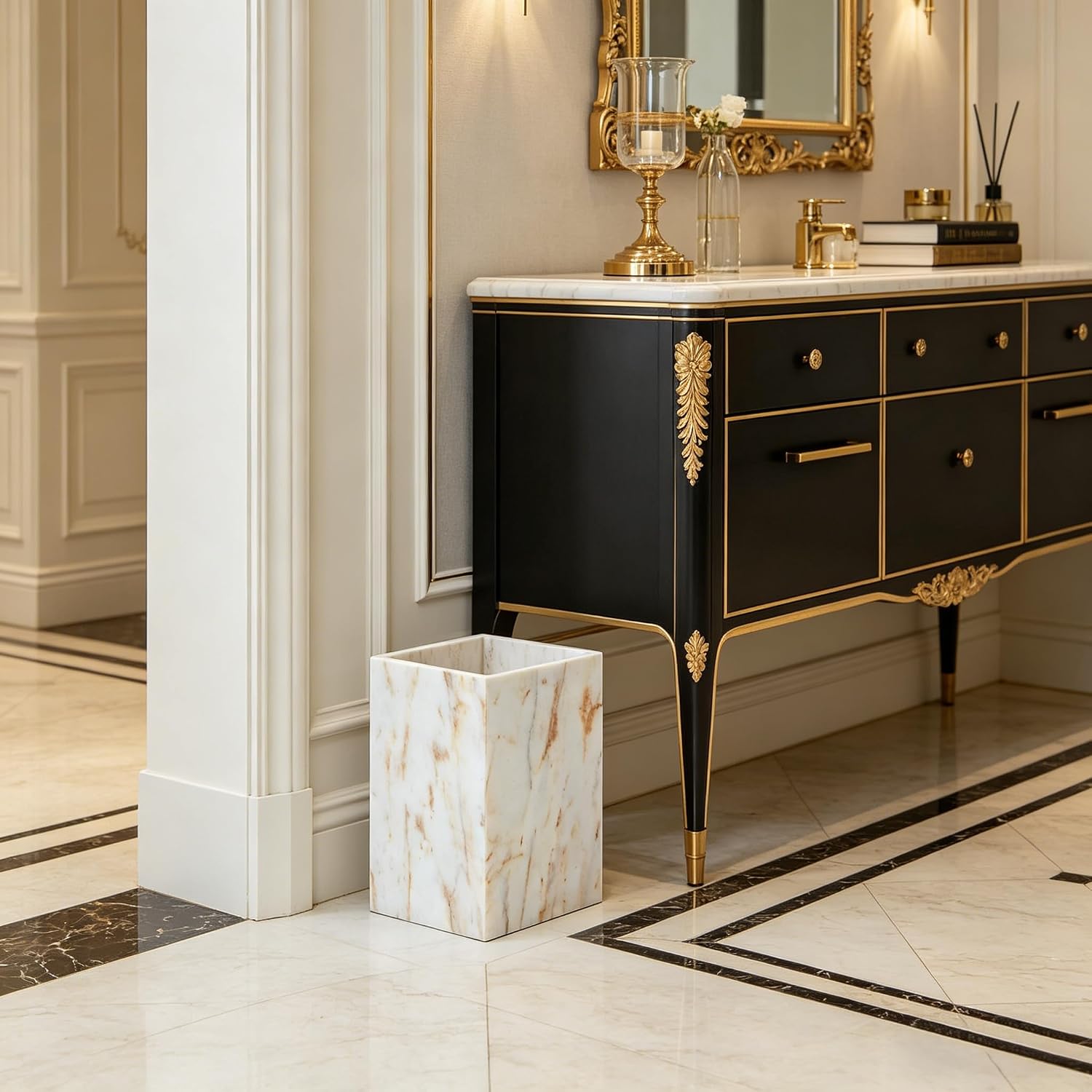 Natural Marble Waste Basket for Bathroom, Modern Gold and White Texture Rectangular Trash Can, Organic Stone Wastebasket Durable Waterproof Garbage Container Bin for Bedroom Living Room Office Kitchen
