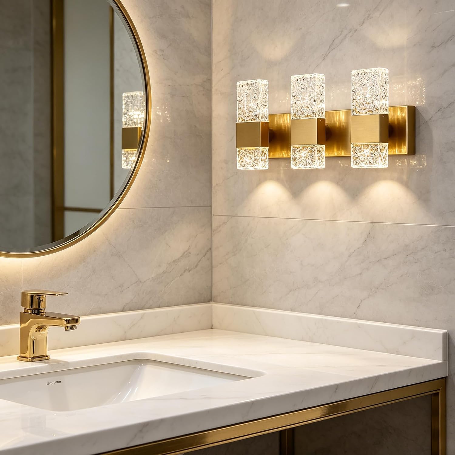 Epinl Gold Bathroom Vanity Light Fixtures Bathroom Light Fixtures Over Mirror 3-Light 4000K LED Crystal Wall Sconces Modern 30W Brushed Hardwired Wall Lights for Bathroom Bedroom Living Room
