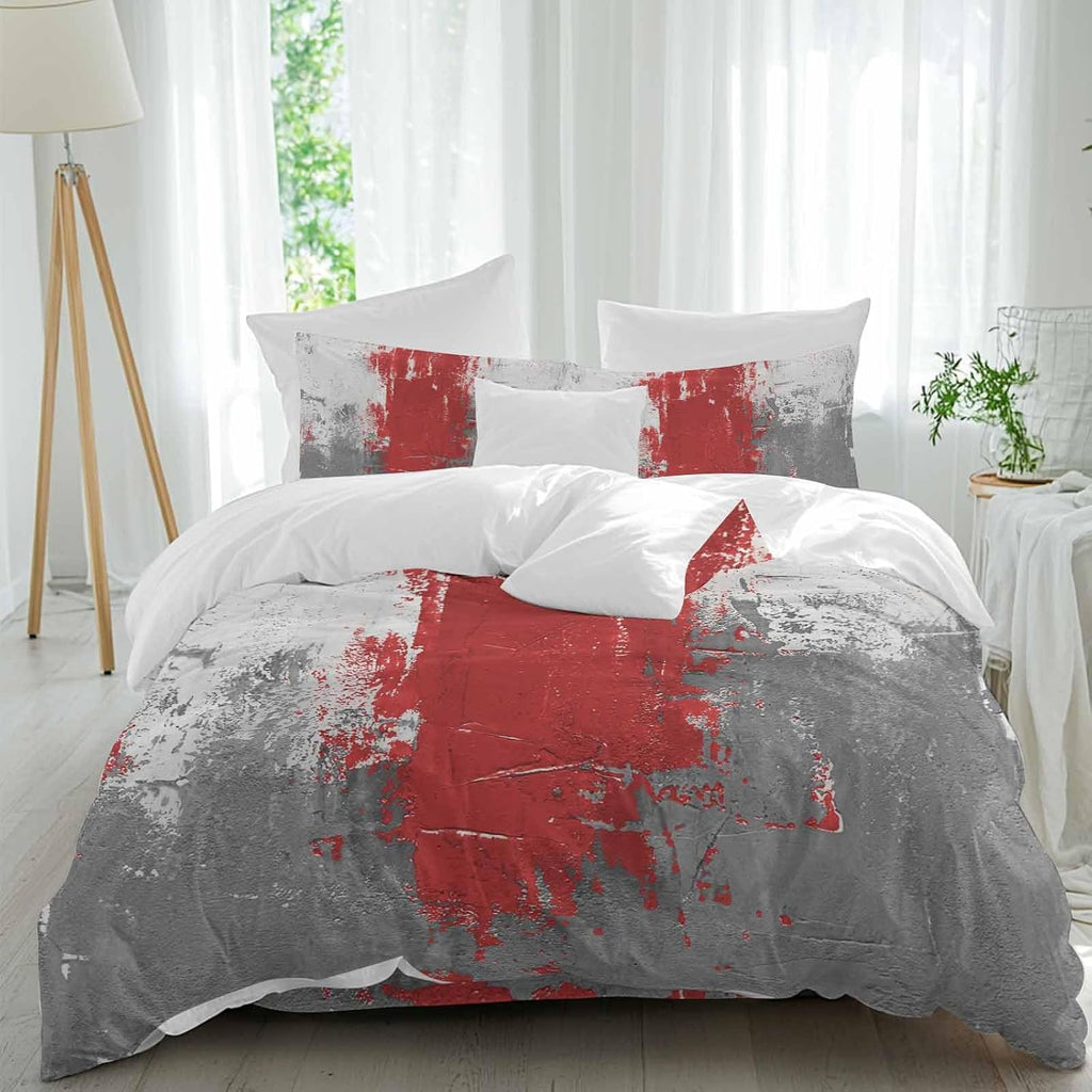Abstract Art Duvet Cover Set Queen Size 4 Pieces Red Grey Wall Mottled Texture Minimalist Modern Bedding Set with Zipper Closure, 1 Comforter Cover 92x106 Inches 1 Flat Sheet & 2 Pillow Cases