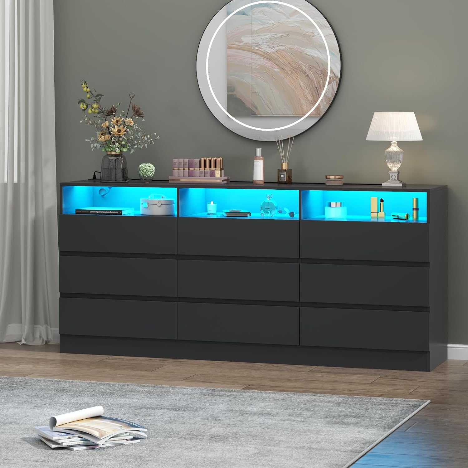 Gyfimoie 9 Drawer Double Dresser with Power Outlet, Accent Chests of Drawers with LED Light, Modern White Storage Dresser with Charging Station (Mirror Not Included) (9 Drawers-Black)