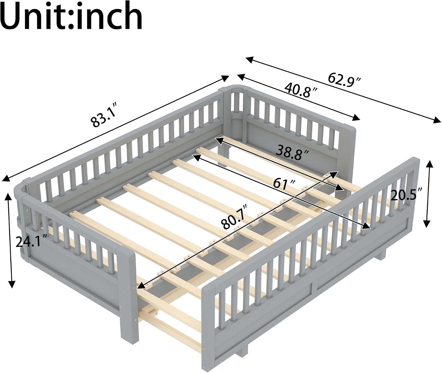 Bellemave Queen Floor Bed or Twin XL Montessori Floor beds for Kids, Twin XL Can Be Converted into a Queen Platform Bed, Gray