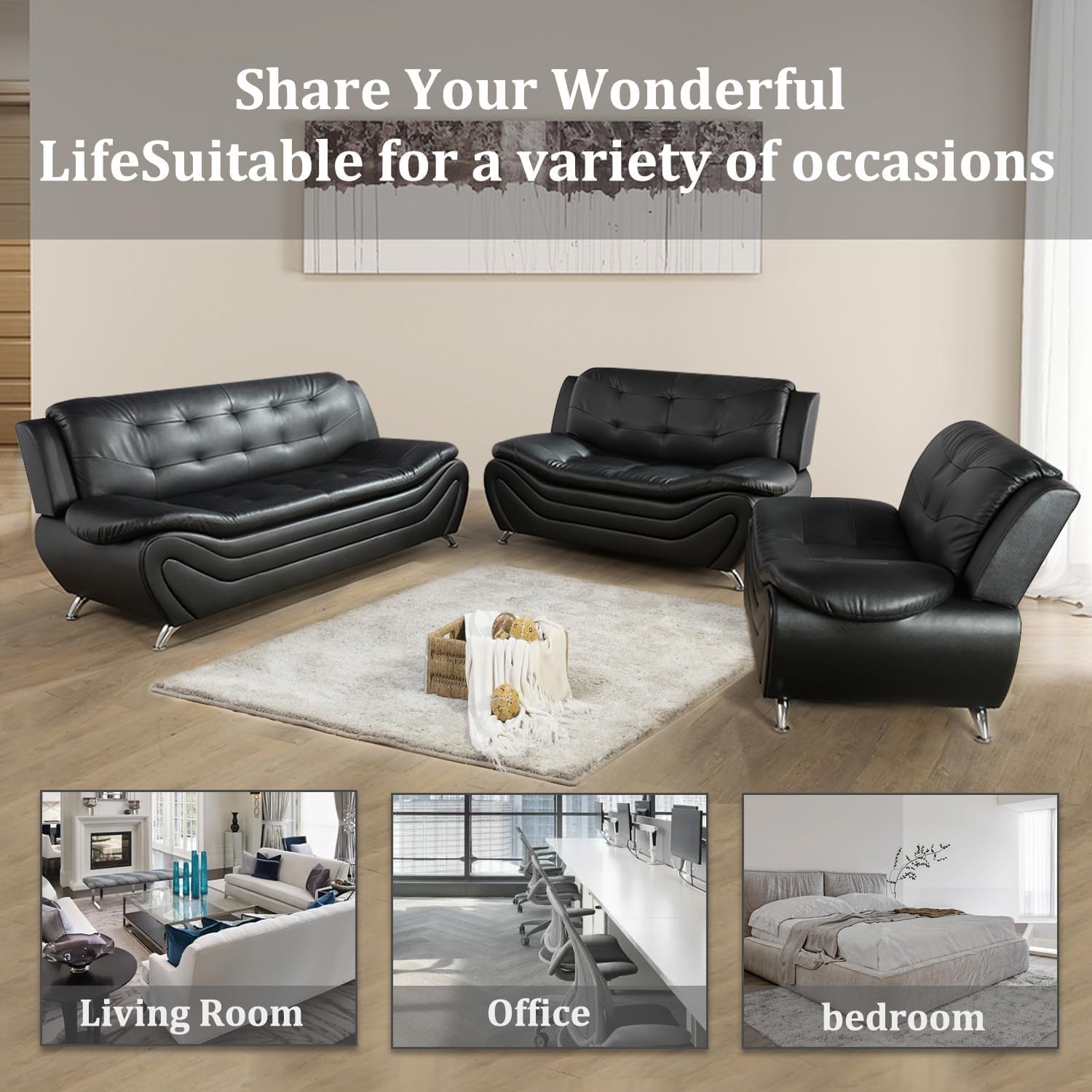 Contemporary Living Room Furniture Set, Faux Leather Sofa Set for Living Room/House/Bedroom/Office/Apartment (Black-A, Full Set(3PCS)), F45&F46
