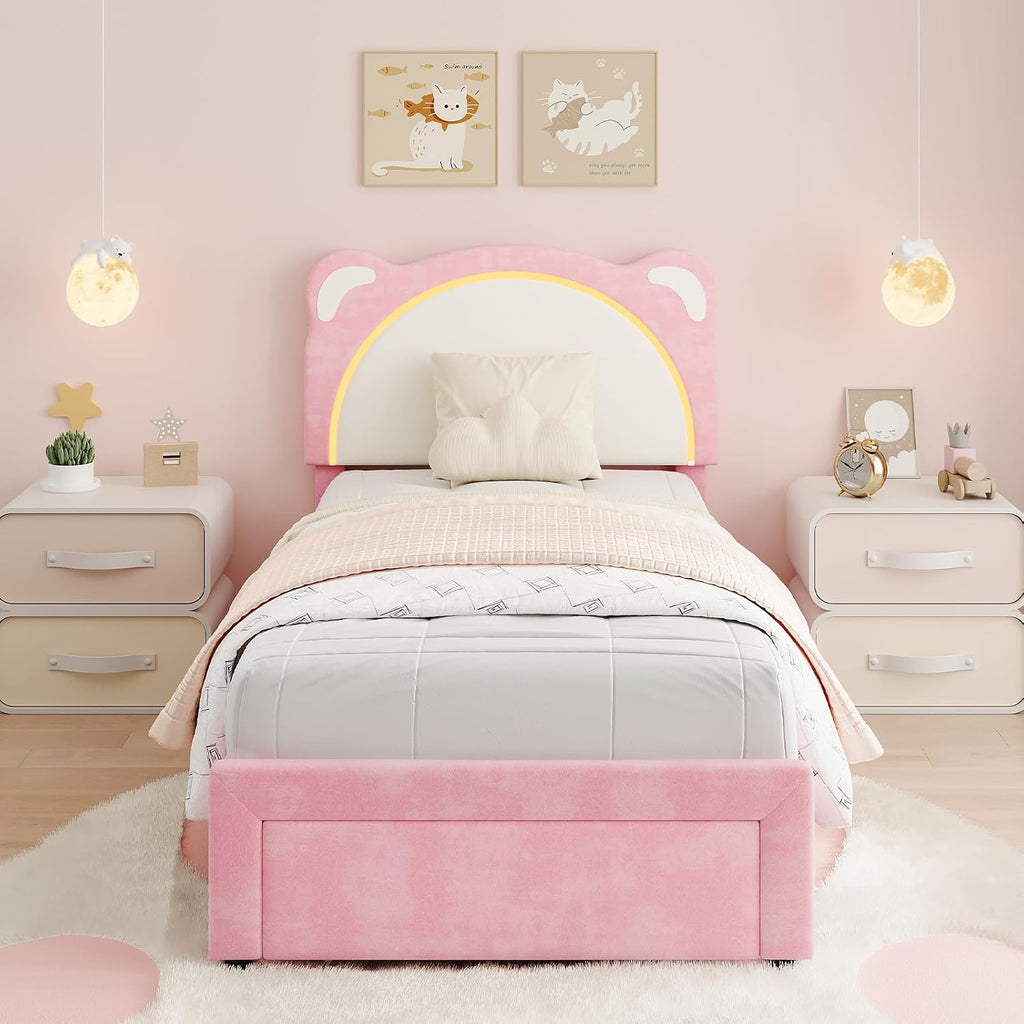 IDEALHOUSE Twin XL Size LED Bed Frame with Storage Drawers,Adjustable Headboard with Cute Bear Design,Soft Velvet Fabric Bed Frame for Kids,Solid Wood Slat Support,Noise-Free,Easy Assembly,Pink