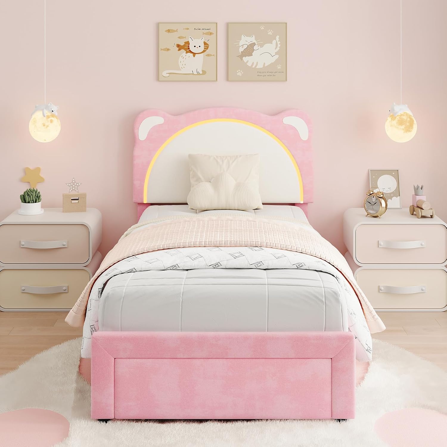 IDEALHOUSE Twin XL Size LED Bed Frame with Storage Drawers,Adjustable Headboard with Cute Bear Design,Soft Velvet Fabric Bed Frame for Kids,Solid Wood Slat Support,Noise-Free,Easy Assembly,Pink