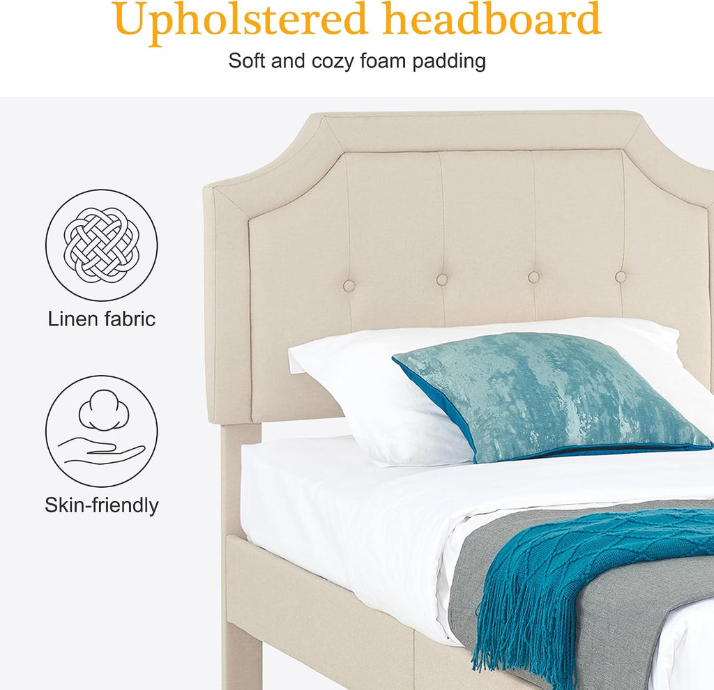 VECELO Twin Size Platform Bed Frame with Fabric Upholstered Headboard and Wooden Slats Support, No Box Spring Needed/Easy Assembly,Beige