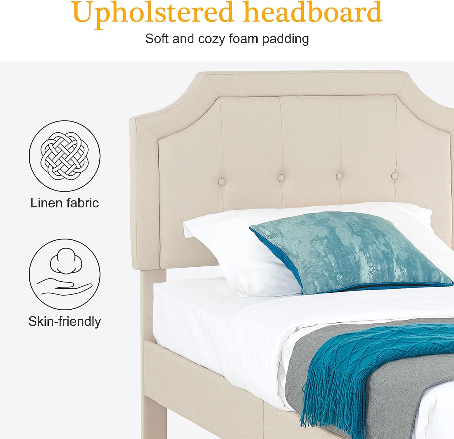VECELO Twin Size Platform Bed Frame with Fabric Upholstered Headboard and Wooden Slats Support, No Box Spring Needed/Easy Assembly,Beige