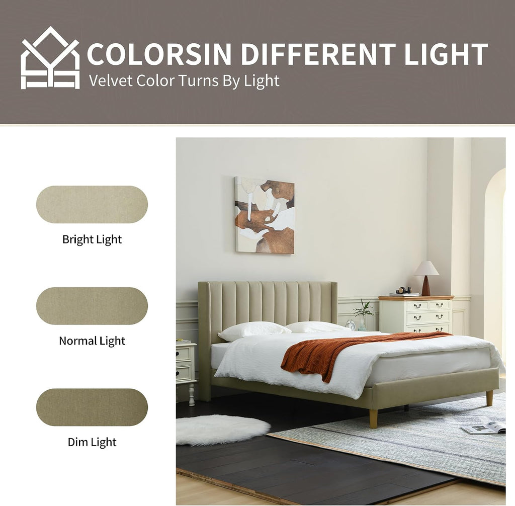 YUHUASHI upholstered Platform Bed Frame/Twin Bed Frame/Modern Geometric Double-Wing Design headboard/Linen Fabric/Easy to Assemble no Noise (Beige, Twin)