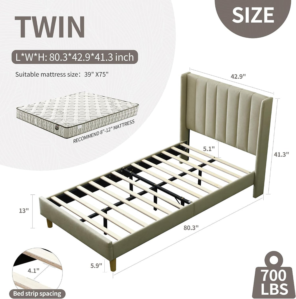 YUHUASHI upholstered Platform Bed Frame/Twin Bed Frame/Modern Geometric Double-Wing Design headboard/Linen Fabric/Easy to Assemble no Noise (Beige, Twin)