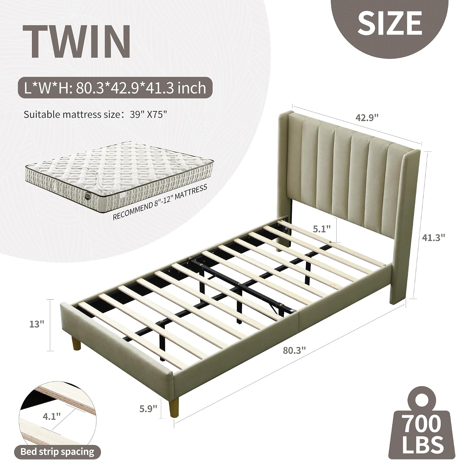YUHUASHI upholstered Platform Bed Frame/Twin Bed Frame/Modern Geometric Double-Wing Design headboard/Linen Fabric/Easy to Assemble no Noise (Beige, Twin)