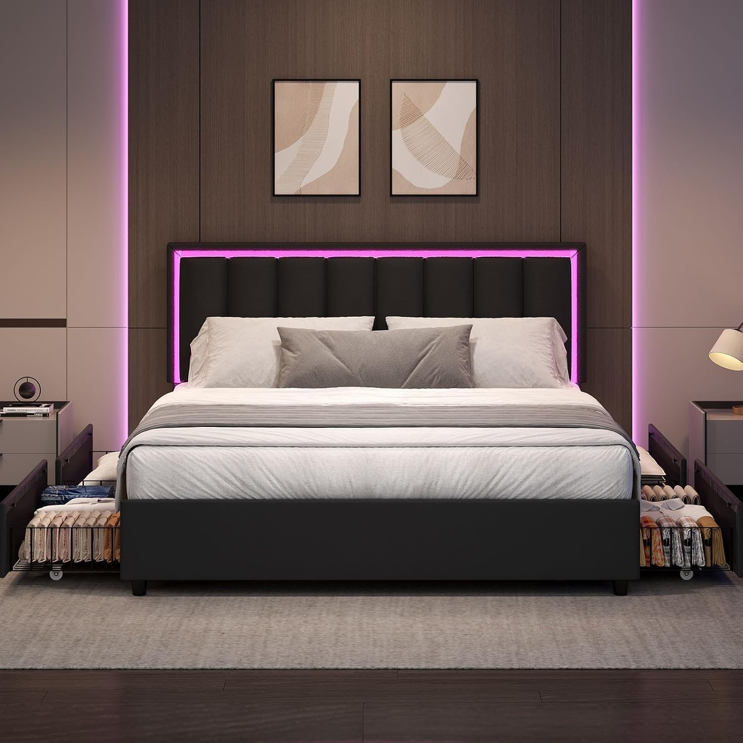 IMMERSTABLE Queen Size Bed Frame with Headboard and 4 Storage Drawers, Faux Leather Upholstered Platform Bed with LED Lights, Metal and Wood Slats, No Box Spring Needed, Easy Assembly, Black