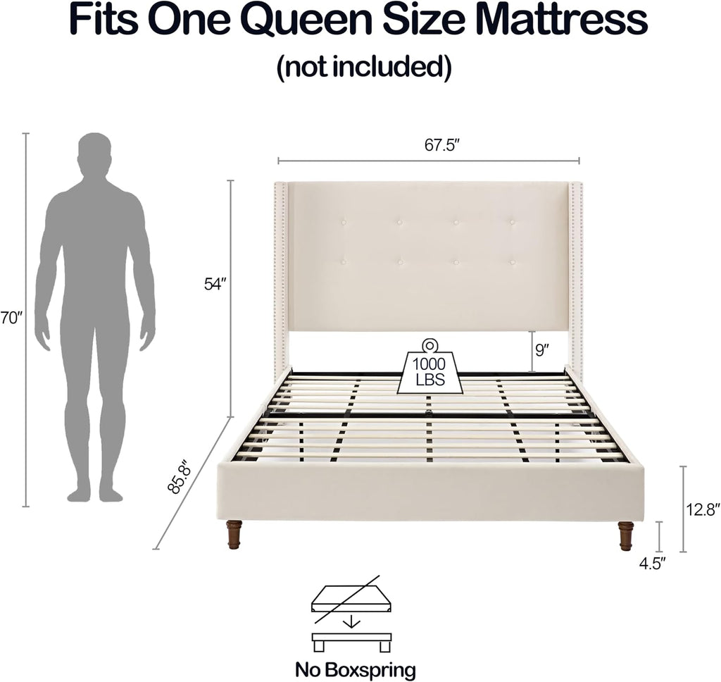 Ball & Cast Queen Bed Frame with Wingback Headboard, Velvet Upholstered Platform Bed with Strong Wooden Slats, Button Tufted and Nailhead Trim Design,No Box Spring Needed,Ivory