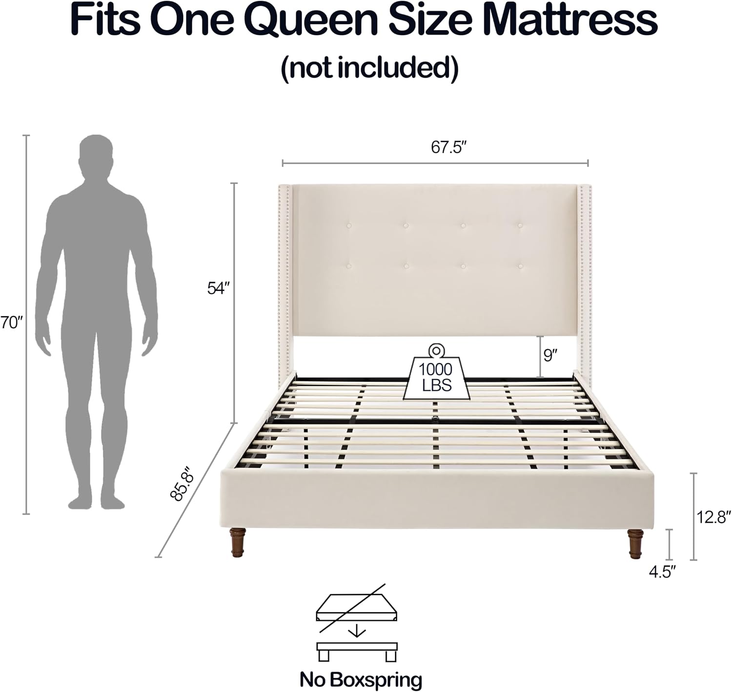 Ball & Cast Queen Bed Frame with Wingback Headboard, Velvet Upholstered Platform Bed with Strong Wooden Slats, Button Tufted and Nailhead Trim Design,No Box Spring Needed,Ivory