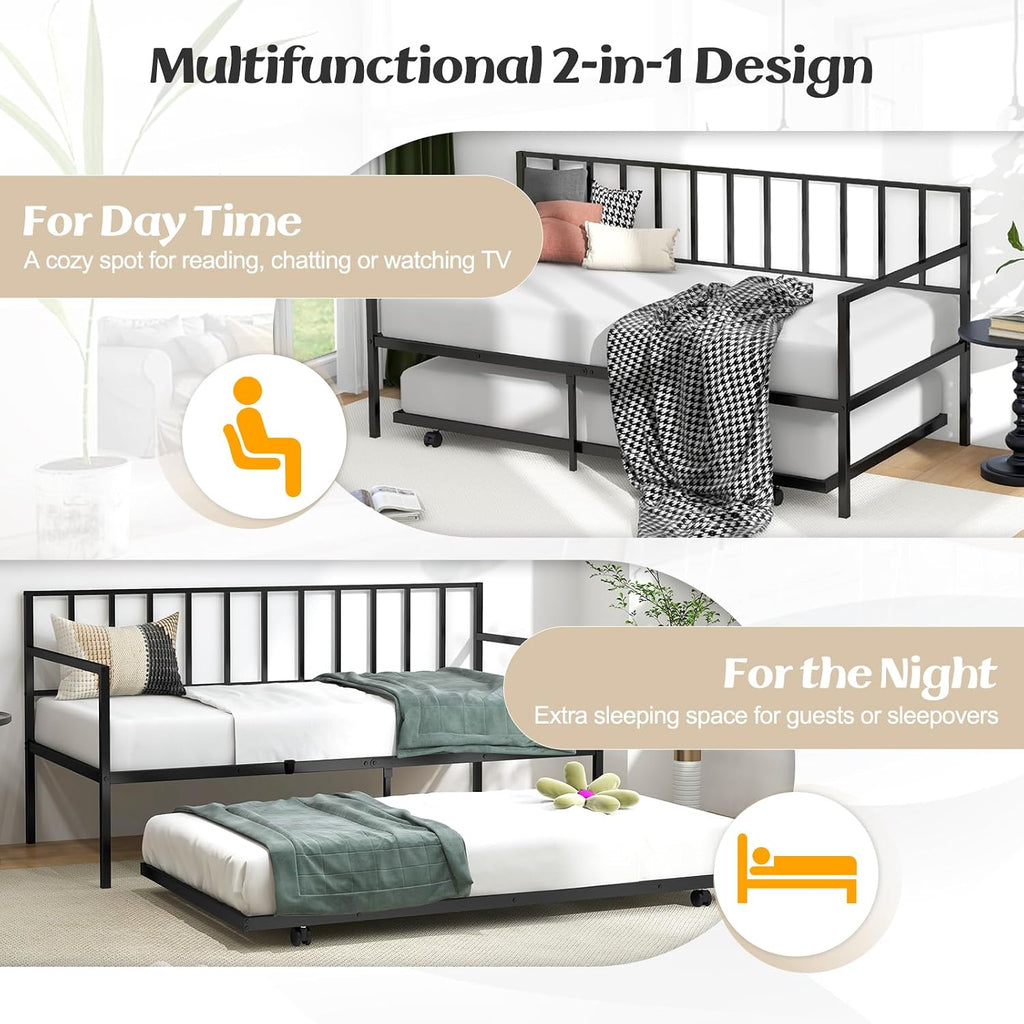KOMFOTT Twin Metal Daybed with Trundle, Metal Sofa Bed & Pull-Out Trundle Set with Lockable Casters, Daybed for Living Room, No Box Spring Needed
