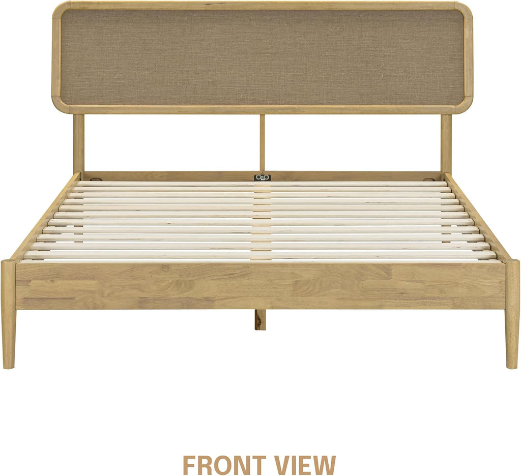 NTC Lupin Wooden Bed Frame with Headboard, Solid Oak and Rubber Wood Foundation with Silent Slats and Wood Central Supports, 1000 Lb Capacity, Queen - Sand