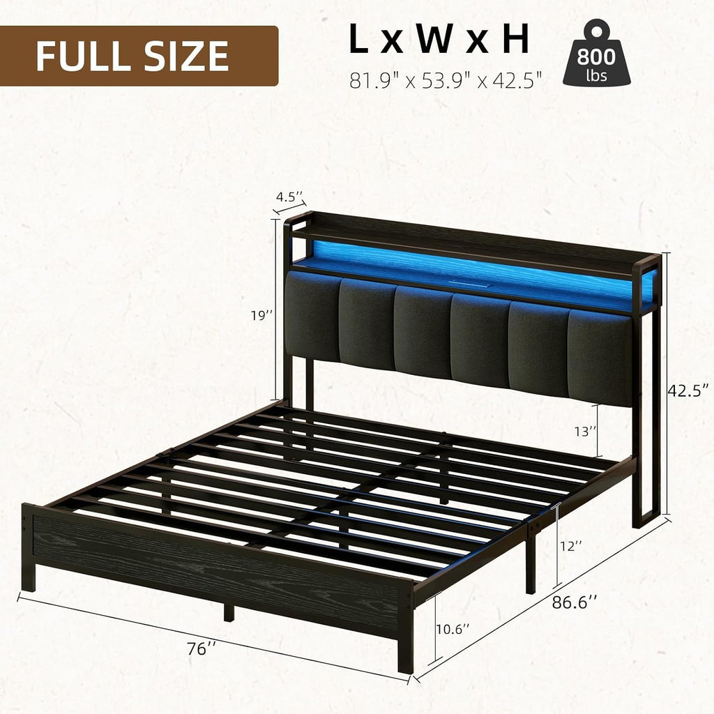 IMMERSTABLE Full Size Bed Frame with LED Lights and Charging Station, Upholstered Storage Headboard, Full Metal Platform Bed Frame with Metal Slats, No Box Spring Needed, Easy Assembly, Dark Grey