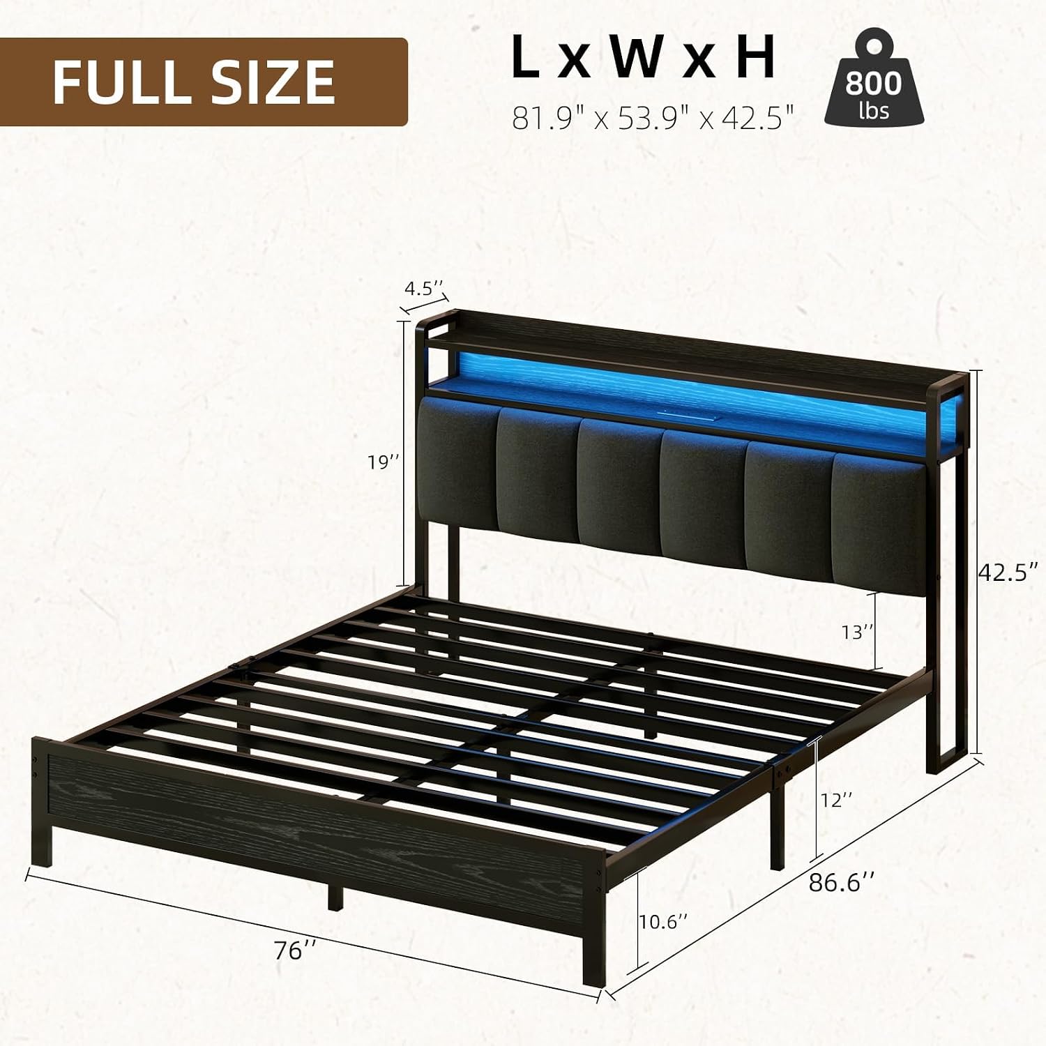 IMMERSTABLE Full Size Bed Frame with LED Lights and Charging Station, Upholstered Storage Headboard, Full Metal Platform Bed Frame with Metal Slats, No Box Spring Needed, Easy Assembly, Dark Grey