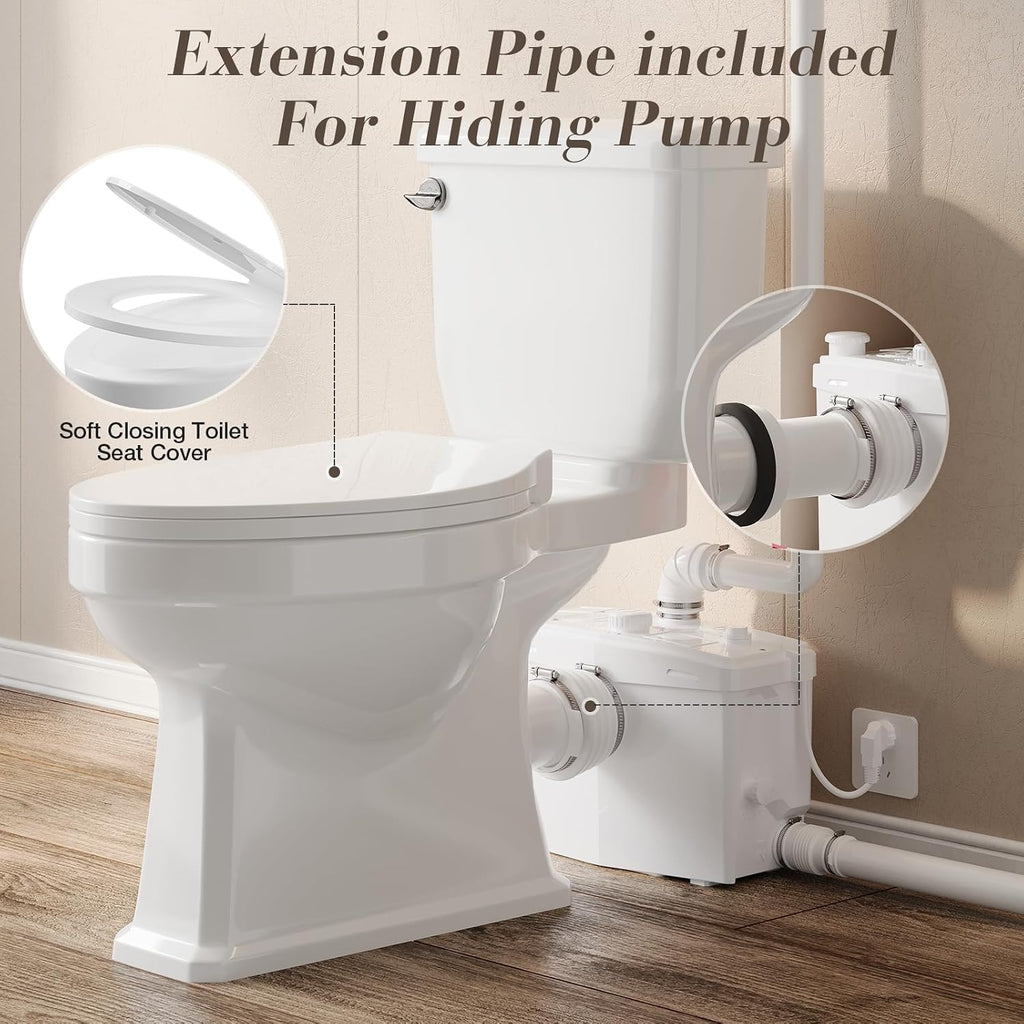 Macerating Toilet System, 800PRO HIGH POWER Macerator Pump with 4 Inlets & 2 Outlets for Kitchen Sink, Bathroom, Laundry, Easy Install Two Piece Upflush Toilet for Basement, Nano-glazed