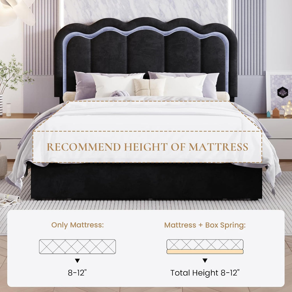 SHA CERLIN Upholstered Queen Size Bed Frame with LED Lights and Large Storage Drawer, Velvet Platform Bed with Adjustable Wavy Headboard, Noise Free, Easy Assembly, No Box Spring Needed, Soft Black