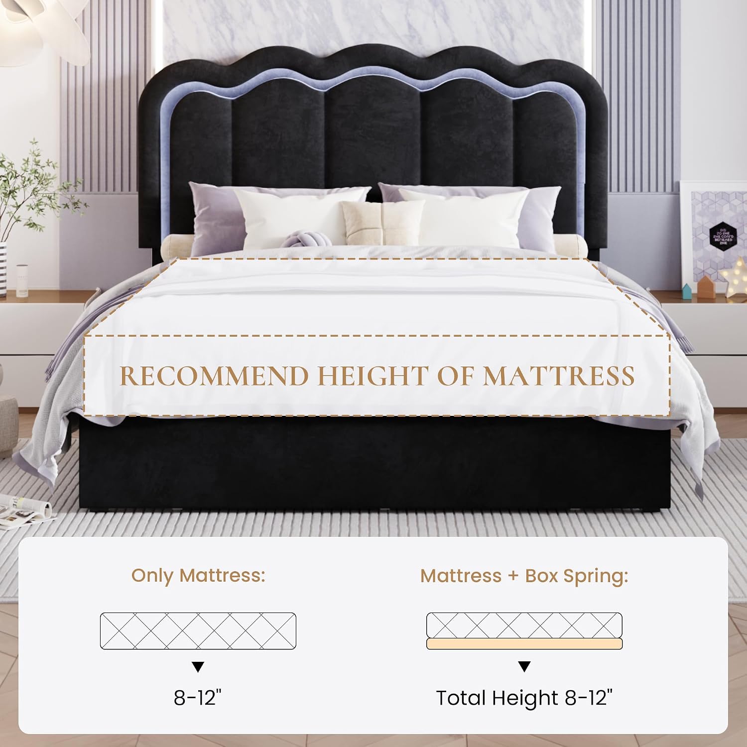 SHA CERLIN Upholstered Queen Size Bed Frame with LED Lights and Large Storage Drawer, Velvet Platform Bed with Adjustable Wavy Headboard, Noise Free, Easy Assembly, No Box Spring Needed, Soft Black