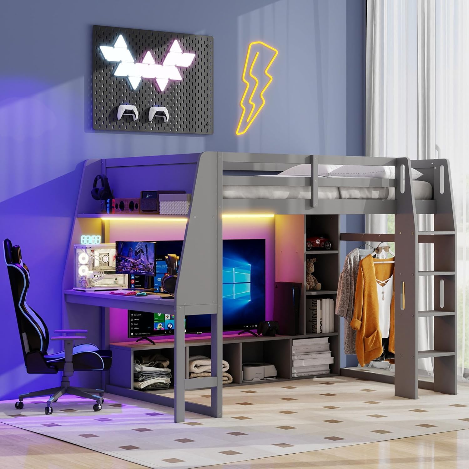 MERITLINE Full Gaming Loft Bed with Desk and Storage,TV Stand & LED RGB, Solid Wood Gaming Bed with Storage Shelves,TV Cabinet and Clothes Rack, for Adults Teens (Grey,Full)