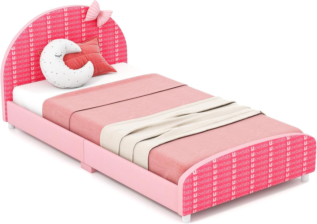Costzon Twin Bed Frames for Kids, Wood Upholstered Twin Bed Platform with Slat Support, Padded Headboard&Footboard, No Box Spring Needed, Easy Assembly, Fits Standard Twin Mattress (Bow Tie)