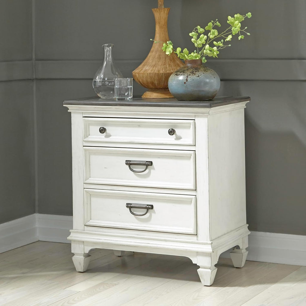 Liberty Furniture Allyson Park Queen Panel Bed, Dresser & Mirror, Night Stand Cottage Bedroom Furniture Set - Wirebrushed White w/Charcoal Tops