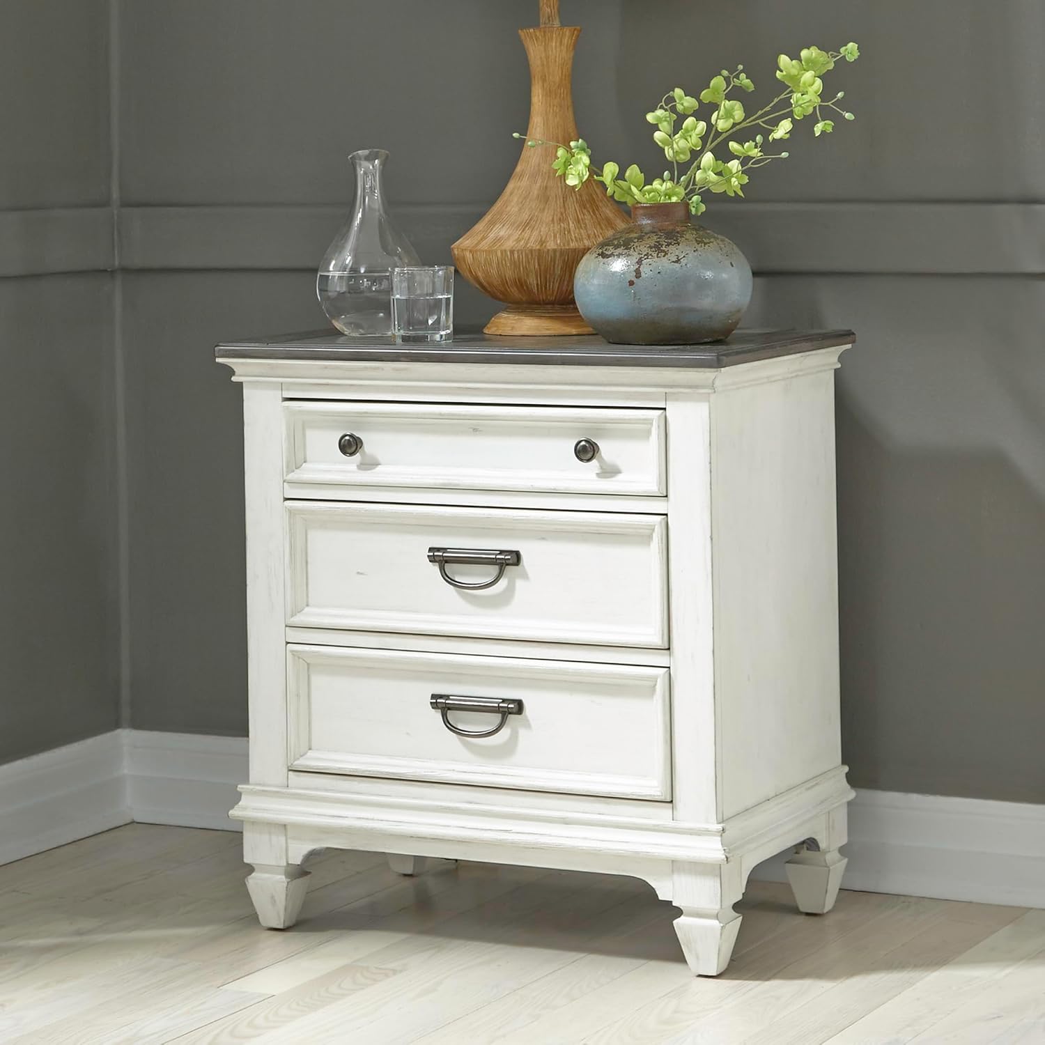 Liberty Furniture Allyson Park California King Panel Bed, Dresser & Mirror, Night Stand Cottage Bedroom Furniture Set - Wirebrushed White w/Charcoal Tops