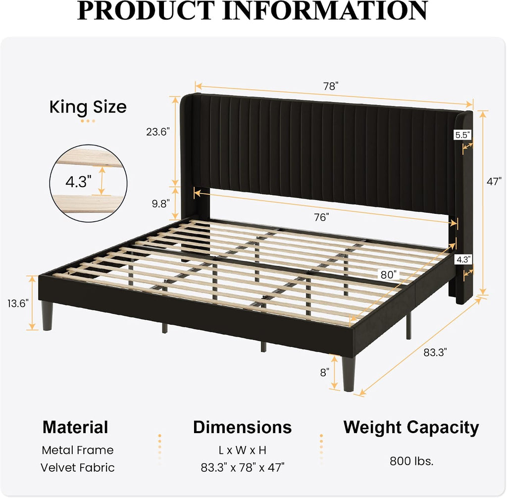 SHA CERLIN King Size Velvet Bed Frame with Vertical Channel Tufted Wingback Headboard, Upholstered Platform Bed with Wood Slats, No Box Spring Needed, Easy Assembly, Black