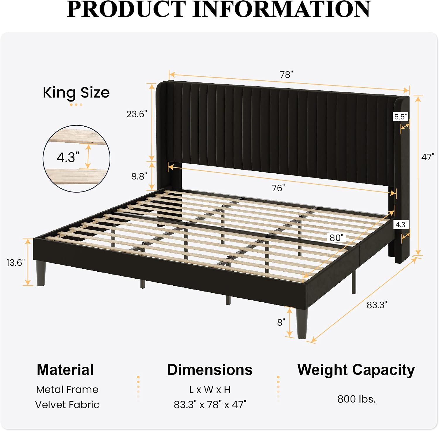 SHA CERLIN King Size Velvet Bed Frame with Vertical Channel Tufted Wingback Headboard, Upholstered Platform Bed with Wood Slats, No Box Spring Needed, Easy Assembly, Black