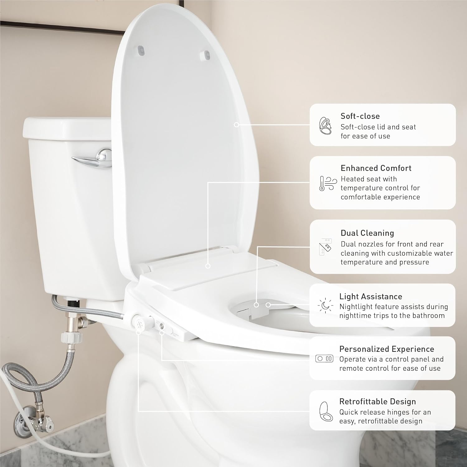 Moen 3-Series Biscuit Standard Electronic Bidet Seat with Remote Control for Elongated Toilets, Electrical Outlet Required, EB1500-EBS