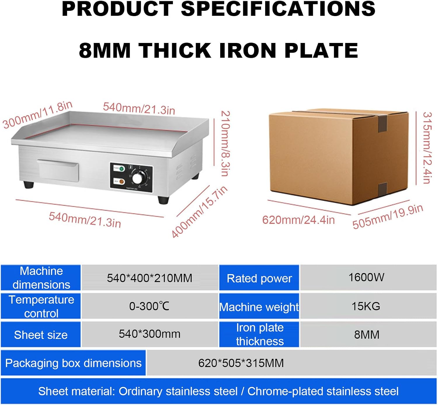 Commercial Electric Griddle, 1600W Countertop Flat Top Griddle, Flat Top Grill Countertop, Fast Heating Up, 4 Foot Pads, for Meat and Pancakes 54 * 40 * 21CM
