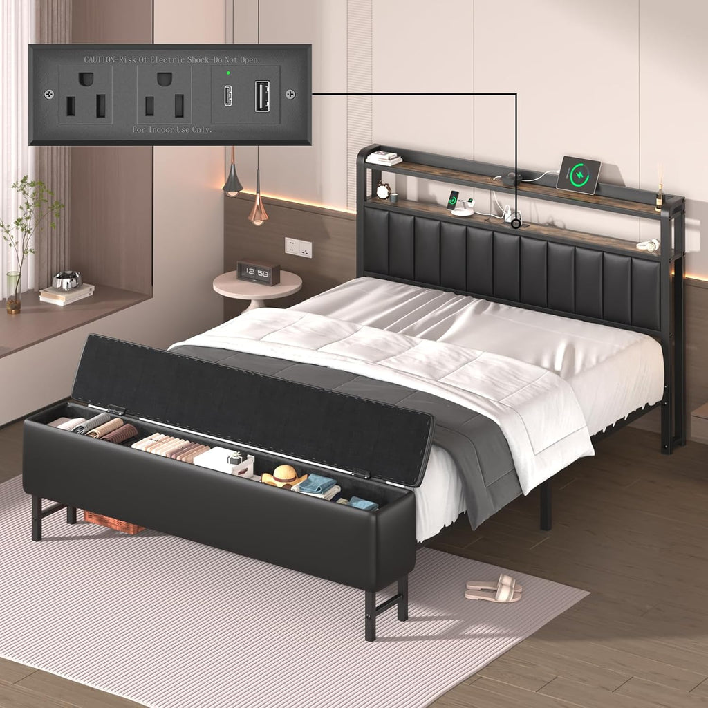 Queen Metal Bed with Star Projector & Charging Station, Upholstered Bed frame with PU Leather Headboard, Heavy Duty Beds with Storage Ottoman, Metal Support, Noise-Free, No Box Spring Needed, Black