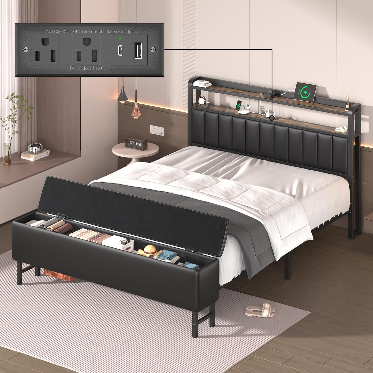 Queen Metal Bed with Star Projector & Charging Station, Upholstered Bed frame with PU Leather Headboard, Heavy Duty Beds with Storage Ottoman, Metal Support, Noise-Free, No Box Spring Needed, Black