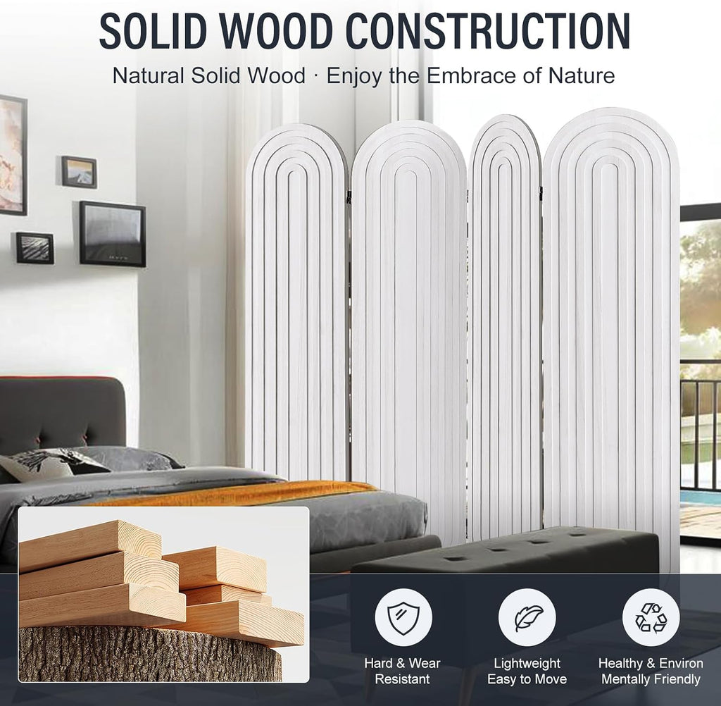 4 Panel Room Divider and Folding Privacy Screen, Foldable Wood Arched Room Divider Wall, Portable Partition Screen, Room Partition Divider for Room Separation for Home Office Bedroom, White