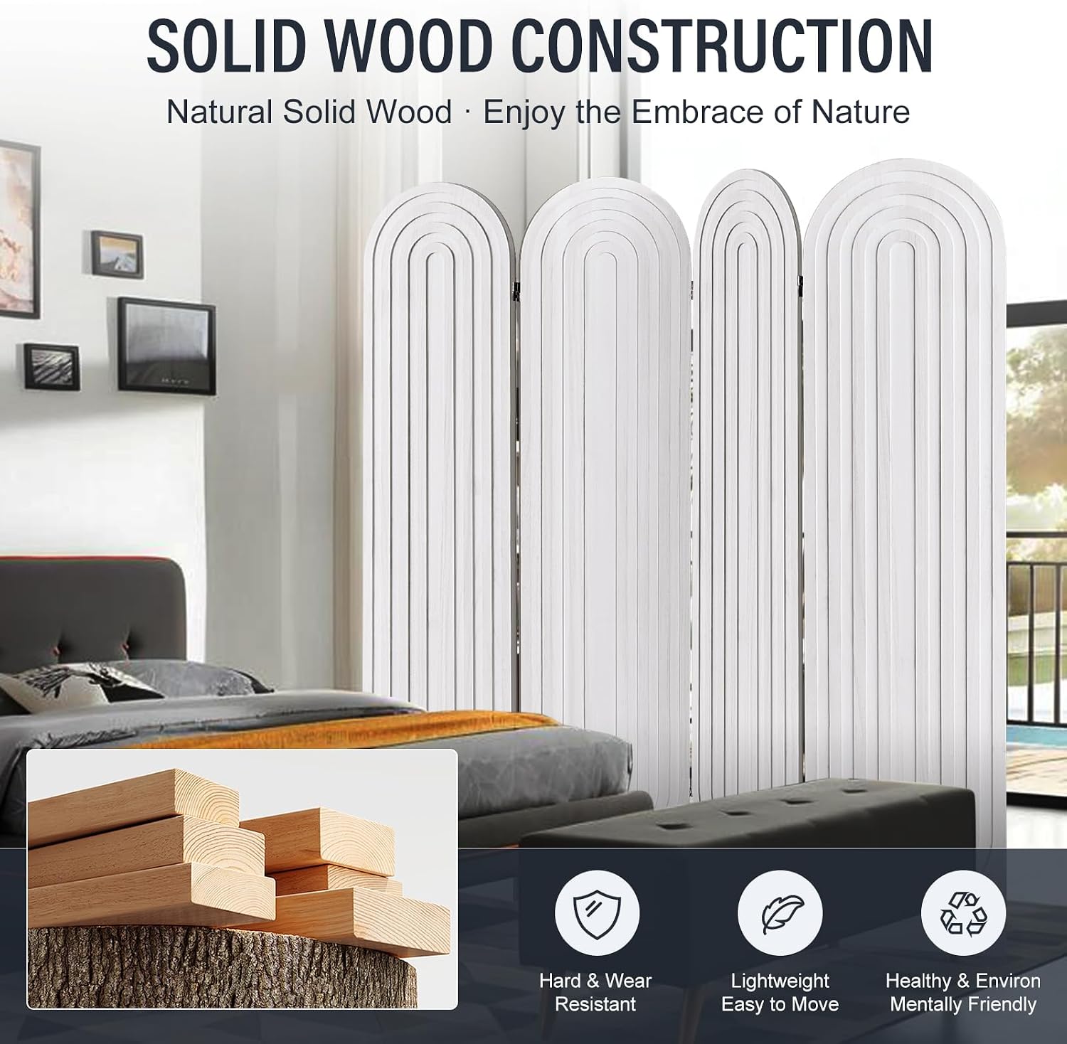 4 Panel Room Divider and Folding Privacy Screen, Foldable Wood Arched Room Divider Wall, Portable Partition Screen, Room Partition Divider for Room Separation for Home Office Bedroom, White