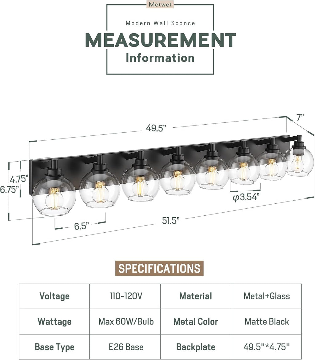 8-Light Bathroom Light Fixtures, Matte Black Vanity Light, 52 Inch Modern Wall Sconces with Globe Clear Glass Shade, Vanity Lighting Fixtures Over Mirror, VL195-MB-8