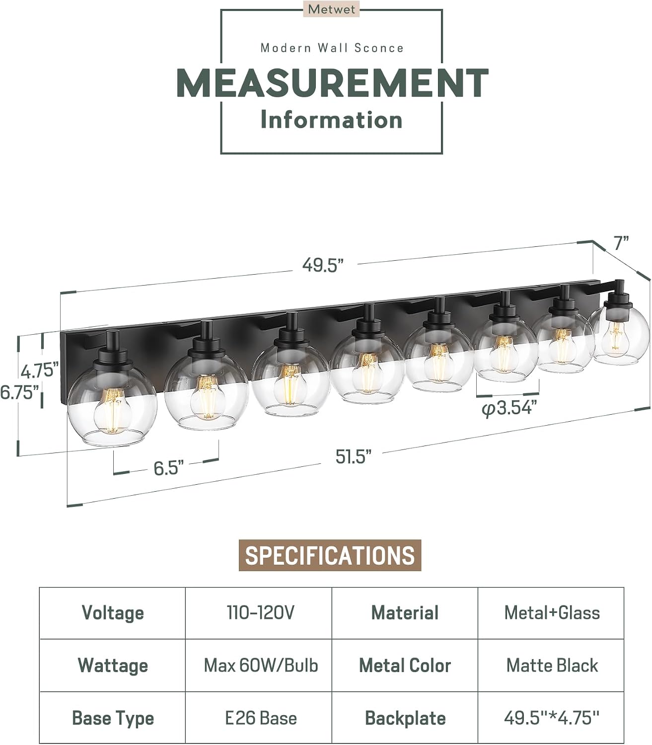 8-Light Bathroom Light Fixtures, Matte Black Vanity Light, 52 Inch Modern Wall Sconces with Globe Clear Glass Shade, Vanity Lighting Fixtures Over Mirror, VL195-MB-8