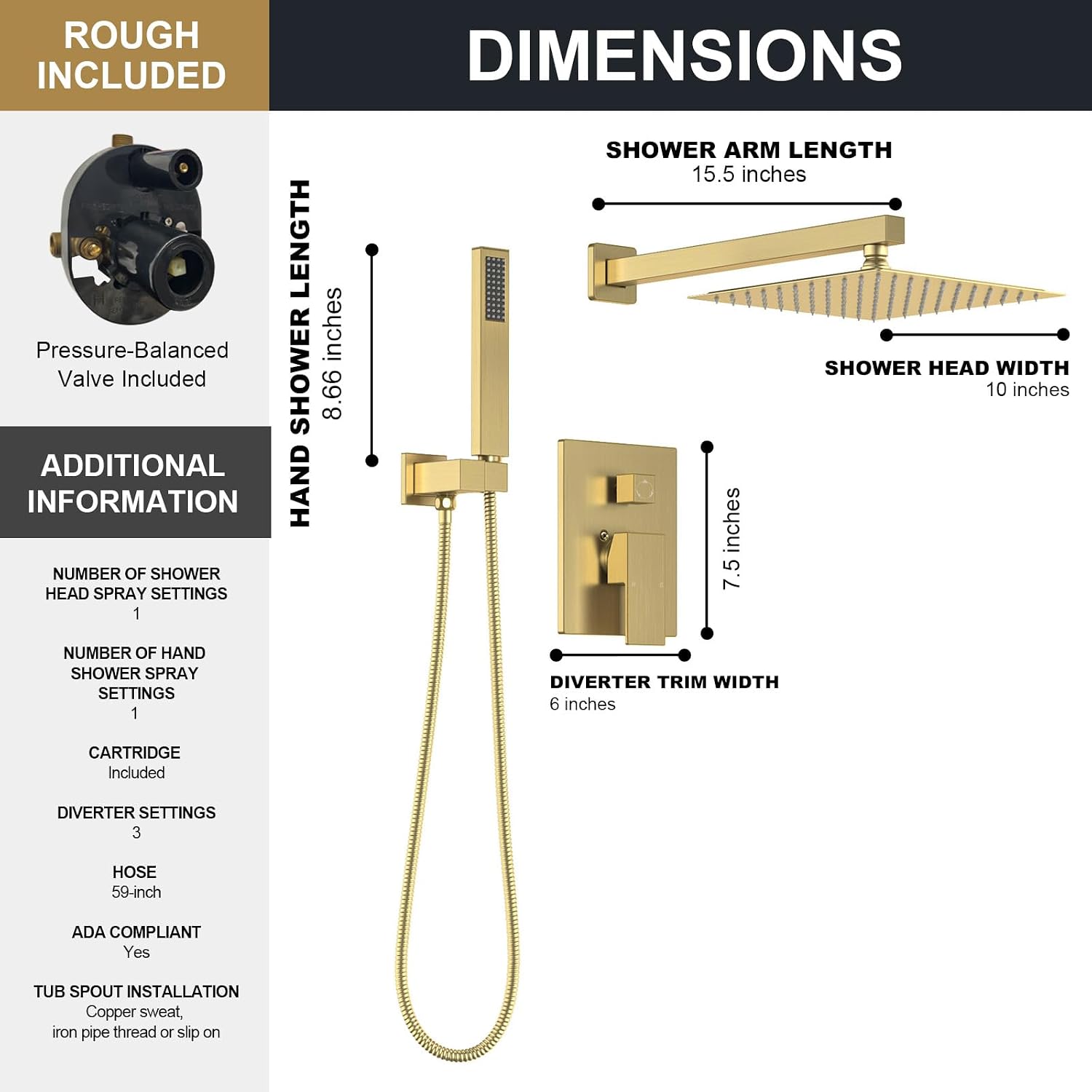 Lava Odoro Modern 2-Setting Square Shower System with Rain Shower Head and Handheld Spray Gold, Rainfall Shower Faucet Set Gold, Shower Valve and Trim Kit, Brushed Gold, SF103-SG