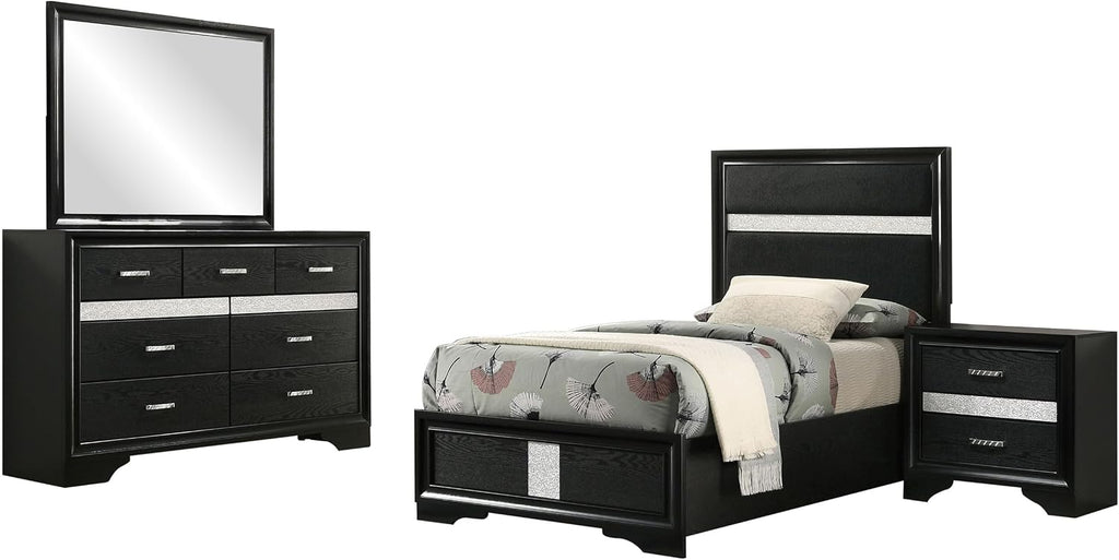Coaster Home Furnishings Miranda Contemporary 4-Piece Bedroom Set Fabric Upholstered Twin Size Panel Bed Frame 54-inch Headboard Black 206360T-S4