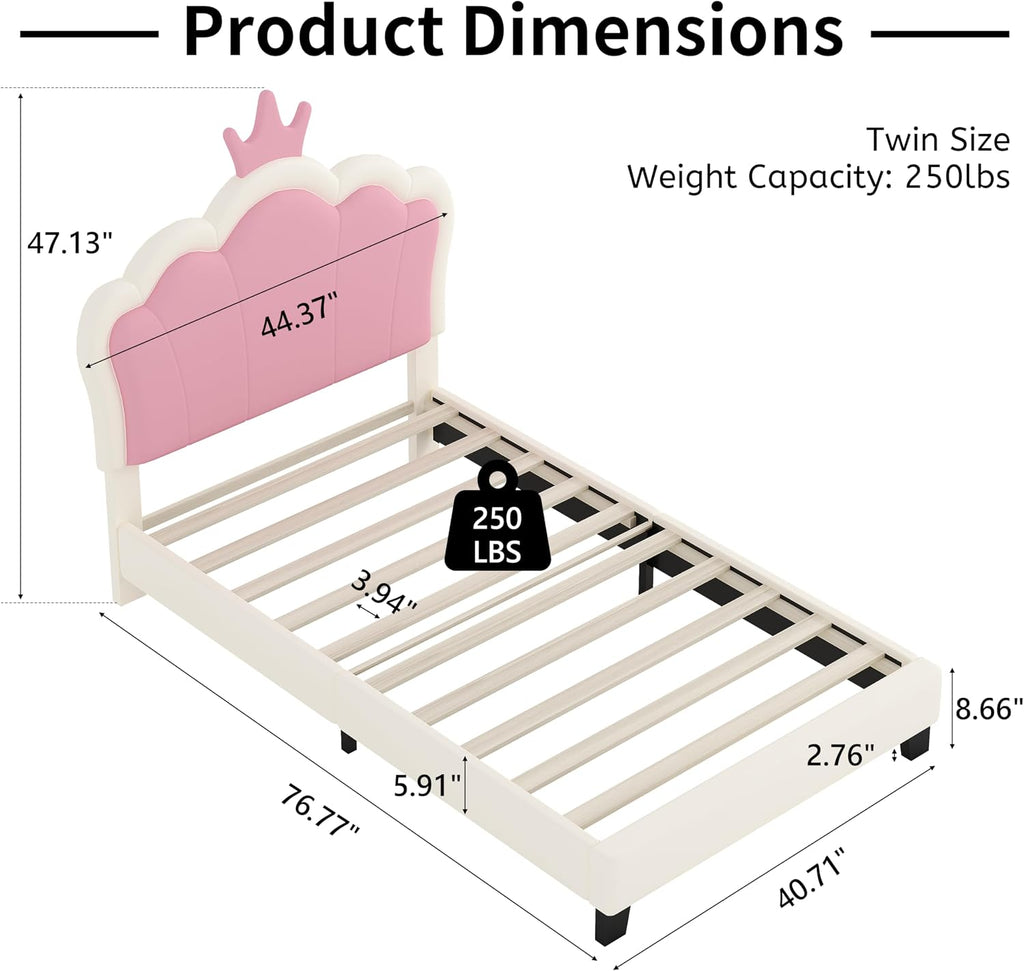 Merax Kids Twin Upholstered Day Bed Frame for Boys Girls, Wood Platform Bed with Crown Headboard, No Box Spring Needed White+Pink