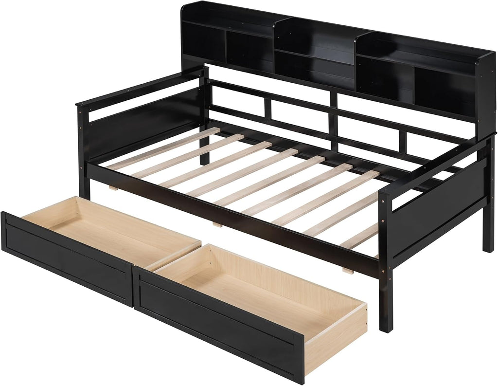 Merax Daybed with Bedside Shelves and 2 Drawers, Wooden Slats Support, Modern Living Daybed with Rails, Twin Size, Espresso