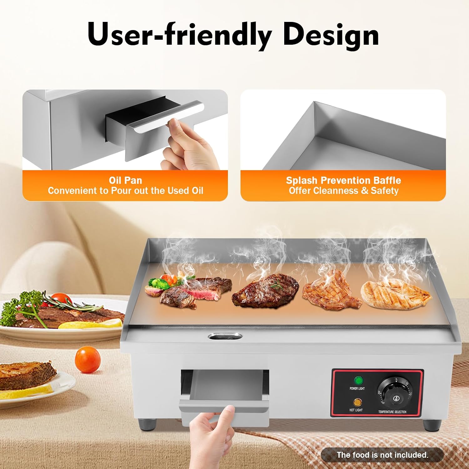 110V 3000W 22' Commercial Electric Countertop Griddle, Portable Flat Top Grill Hot Plate, Adjustable Thermostatic Control, Stainless Steel Restaurant Grill for Kitchen