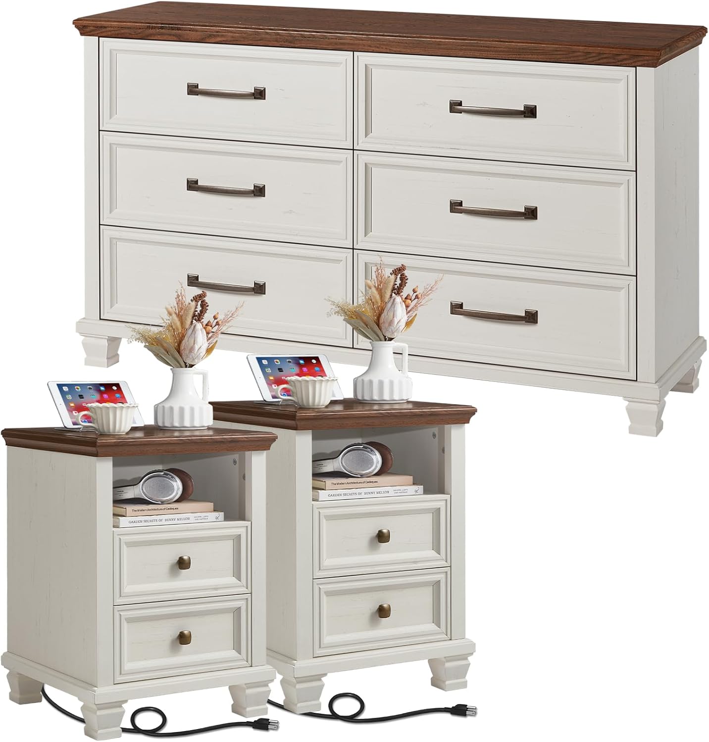 SAVOR LIFE Farmhouse Dresser and Nightstand Sets of 3 Piece, 6 Drawer Dresser and 2 Drawer Nightstand Set, Rustic Wood Bedroom Furniture Set for Home,Hallway,White