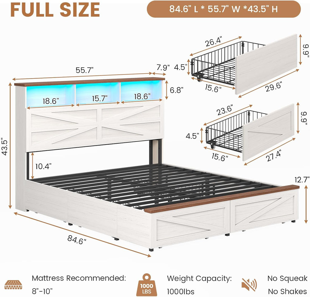 VIAGDO Full Size Bed Frame with 6 Drawers, Farmhouse Bed Frame with Barn Door Headboard and Storage, Wood Platform Bed Frame Full Size with Charging Station and LED Lights, No Box Spring Needed, White