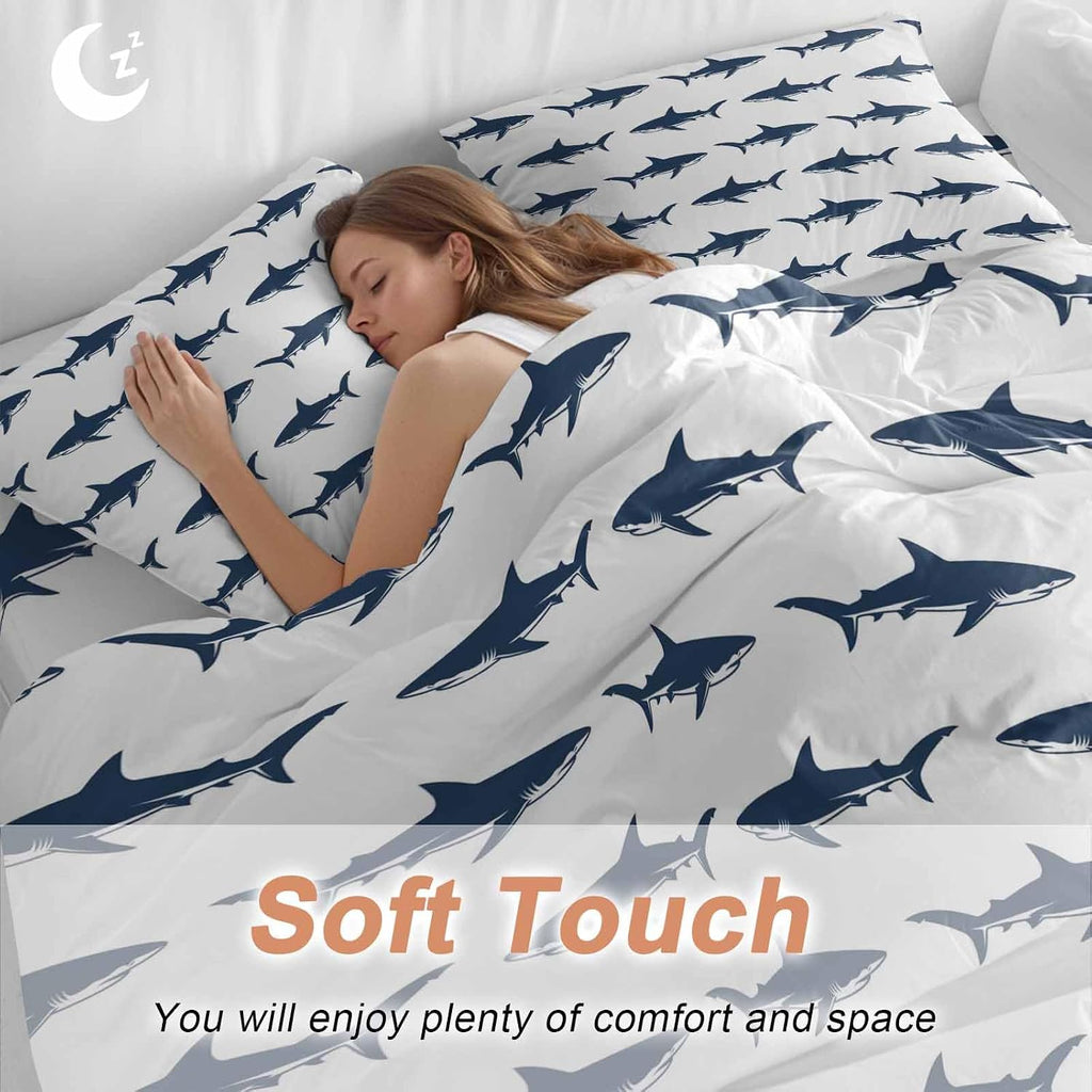 Prime Leader Abstract Sharks Duvet Cover Set Queen Size 4 Pieces Navy Blue Fish Simple Style Ocean Life Bedding Set with Zipper Closure, 1 Comforter Cover 86x86 Inches 1 Flat Sheet & 2 Pillow Cases
