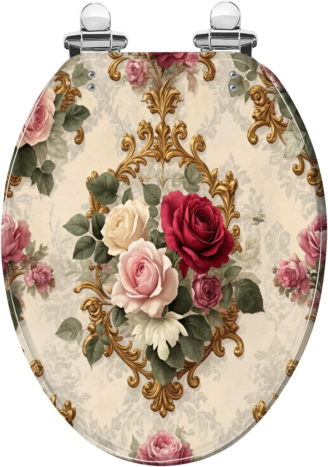 Elongated Toilet Seat Floral Roses Ornate Gold Soft Pink Victorian Vintage Baroque Resin Toilet Seat with Quietly Close Quick Release Hinges Decorative Toilet Seat with Cover Easy to Clean and Install