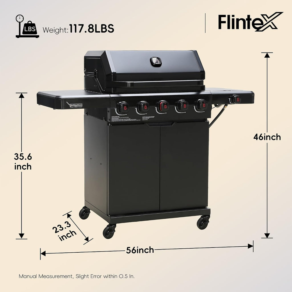 Flintex 5-Burner Propane/Natural Convertible Gas Grill with Infrared Searing Side Burner, Outdoor BBQ Grill with 60000 BTU Output,Enameled Cast Iron Grates & Griddle for Barbecue