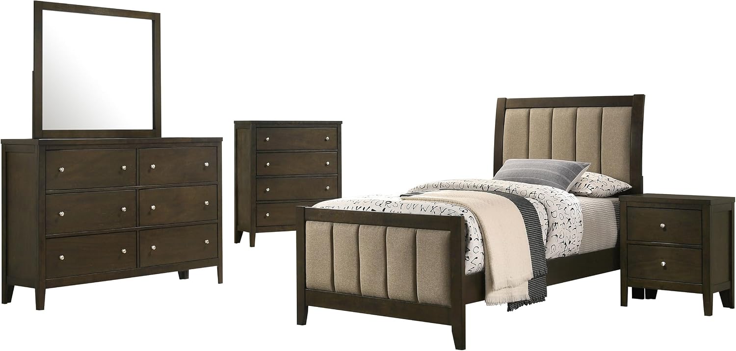 Coaster Home Furnishings Wilkes Transitional 5-Piece Bedroom Set Fabric Upholstered Twin Size Panel Bed Frame 51-inch Headboard Dark Cocoa 224421T-S5