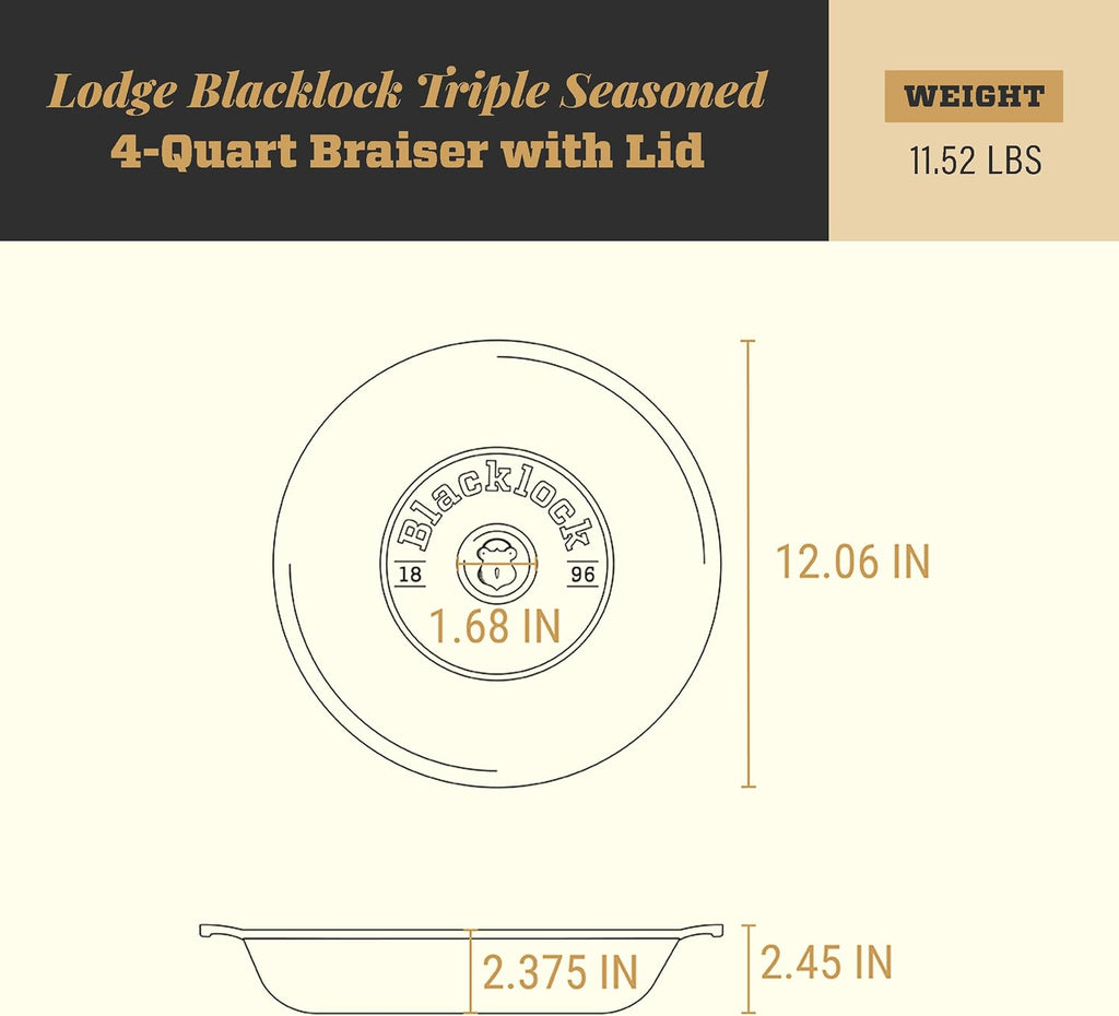 Lodge Blacklock 17 Triple Seasoned Cast Iron Braiser with Lid - Dutch Oven with Nonstick Finish - Lightweight Cast Iron Braiser - Dutch Oven Cookware - Cooking Pot with High-Heat Aluminum Knob