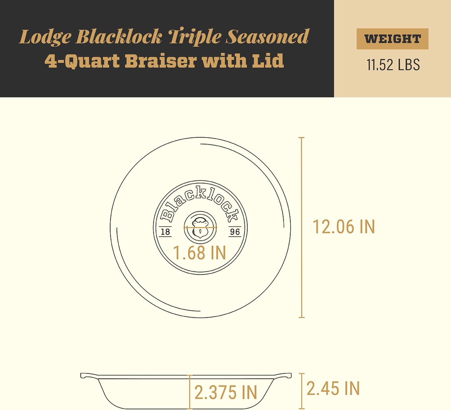 Lodge Blacklock 17 Triple Seasoned Cast Iron Braiser with Lid - Dutch Oven with Nonstick Finish - Lightweight Cast Iron Braiser - Dutch Oven Cookware - Cooking Pot with High-Heat Aluminum Knob